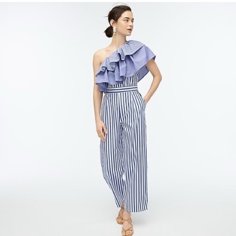 J. Crew One Shoulder Ruffle Jumpsuit Blue White Stripe 100% Cotton Size US 4